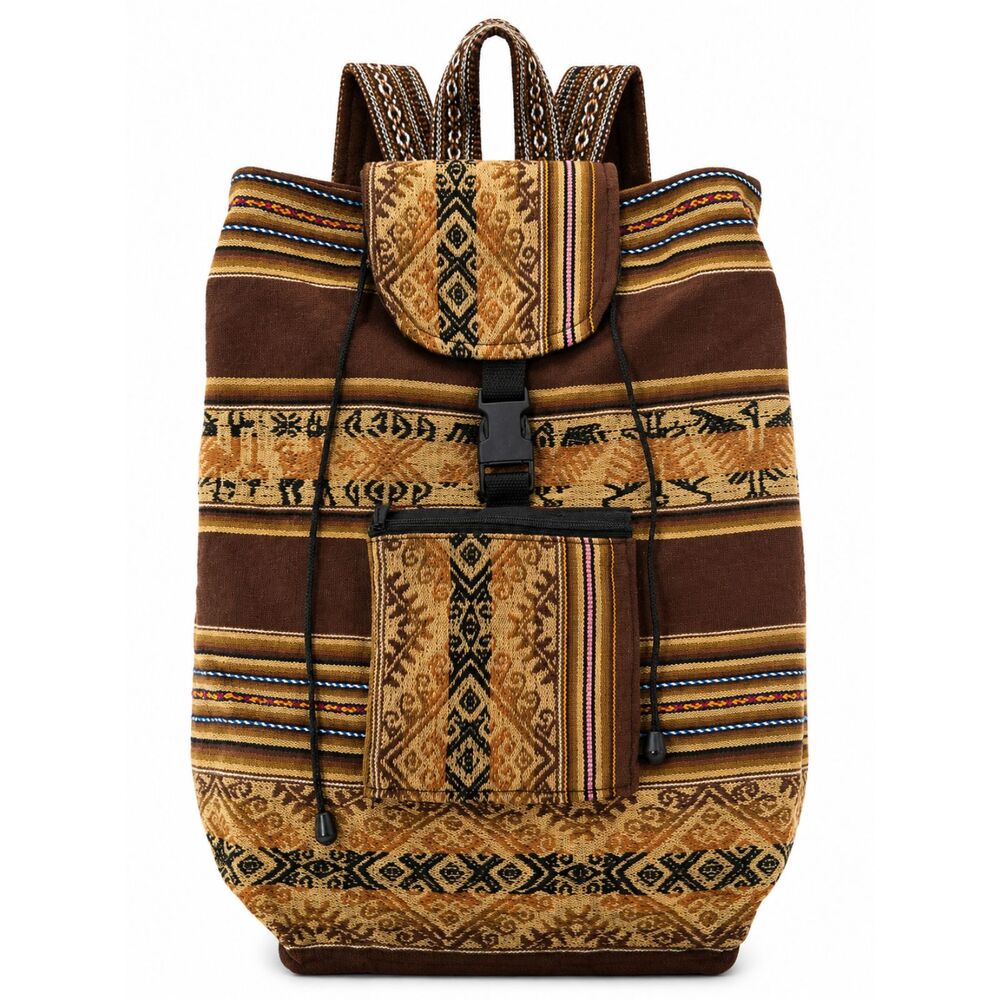 Vintage Boho Aztec Woven Backpack Tribal Geo Canvas Drawstring Rucksack Bag